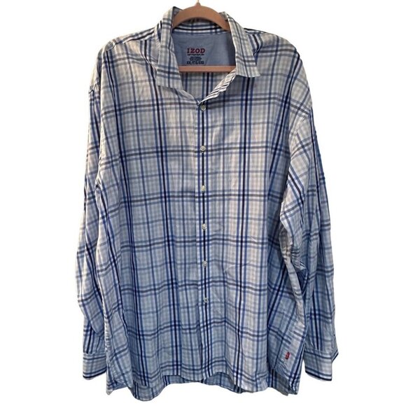 Izod Mens XXL Lightweight Poplin Button-Down Shirt Blue & White Plaid Preppy - Picture 1 of 4